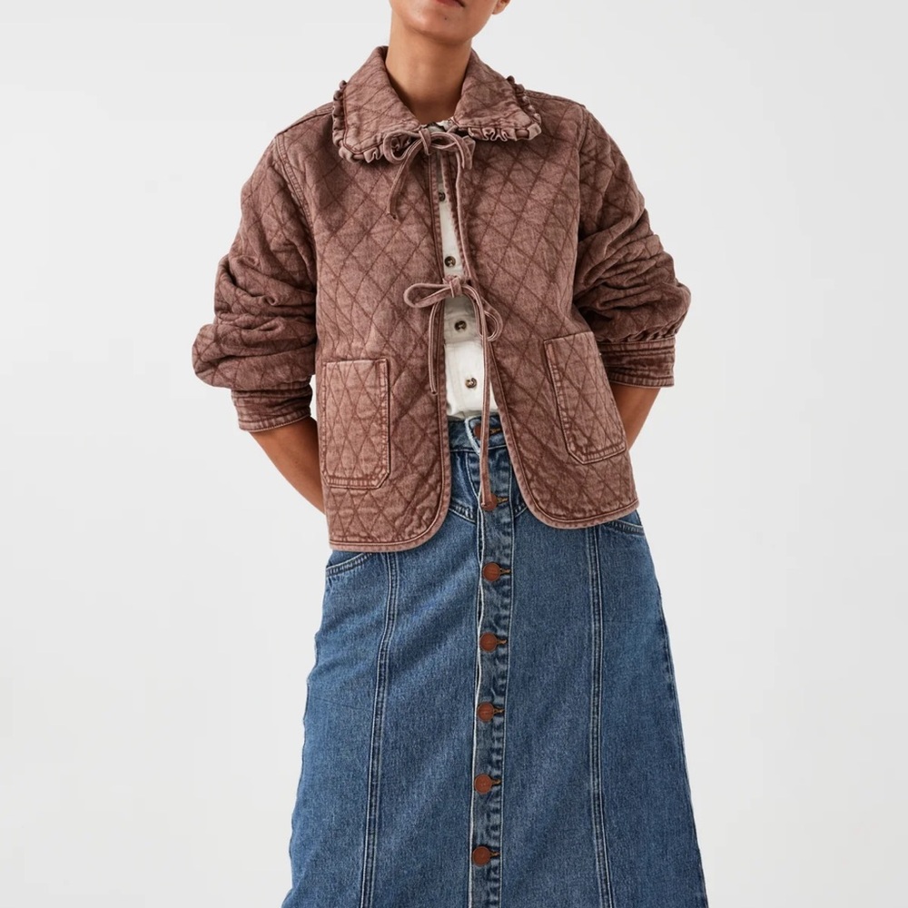 Seventy + Mochi Heidi Jacket in Washed Mocha Brown quilted denim tie front Small - Picture 5 of 13